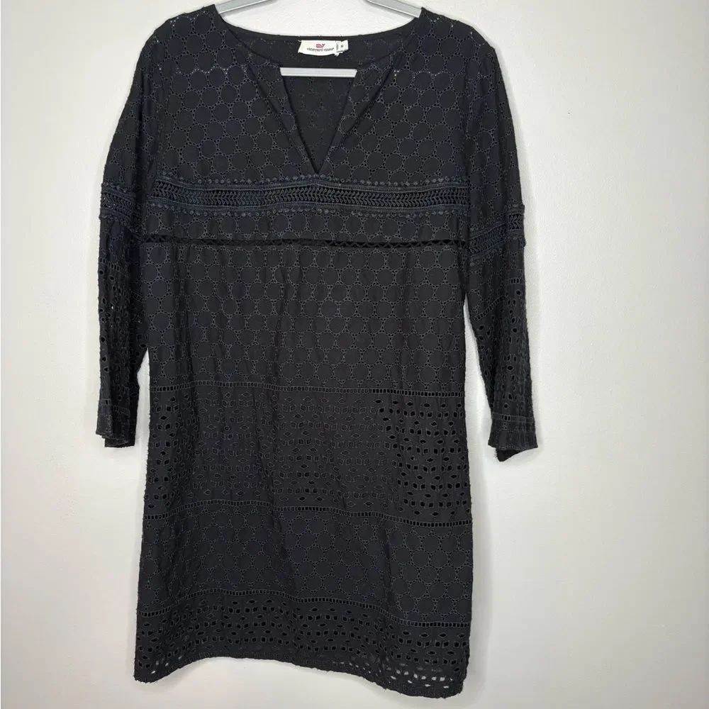 Vineyard Vines black eyelet bell sleeve beach cover-up dress